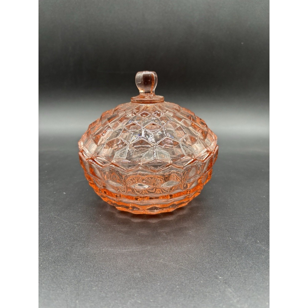 Pink Glass Diamond Quilted Vintage Lidded Candy Dish Compote ~5" Excellent - Picture 2 of 11